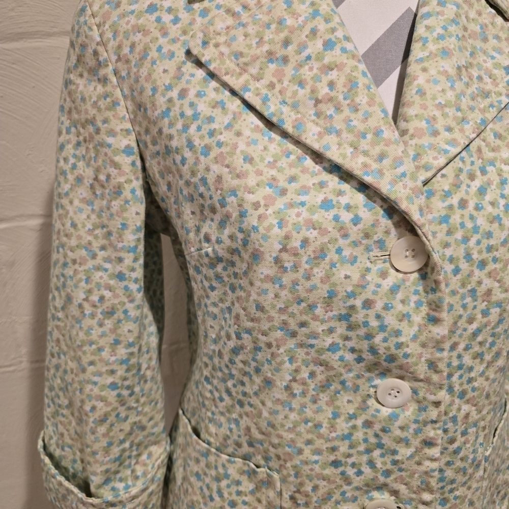 VINTAGE Express Floral Trench Lime Green/Blue Notched Collar 3/4 Sleeve Pockets. - Picture 3 of 16